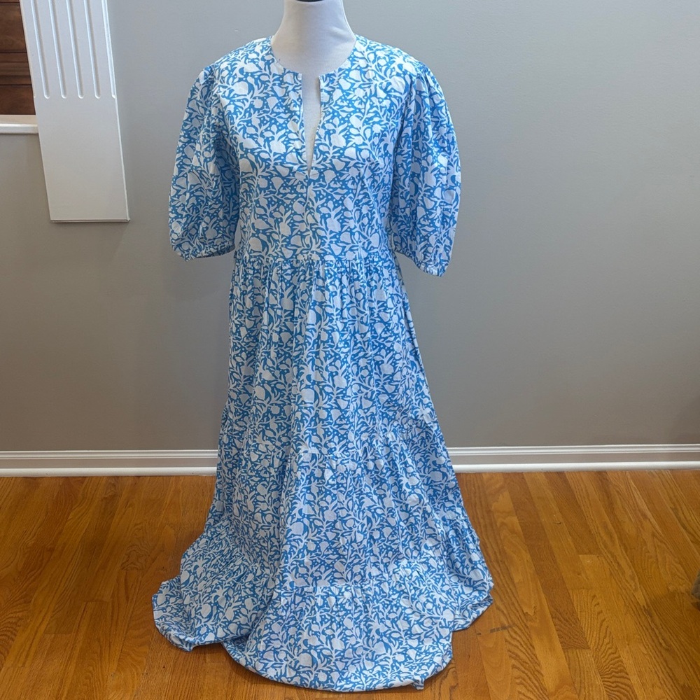 Oliphant Tuckernuck Blue and White Floral cotton Maxi Dress, Sz L